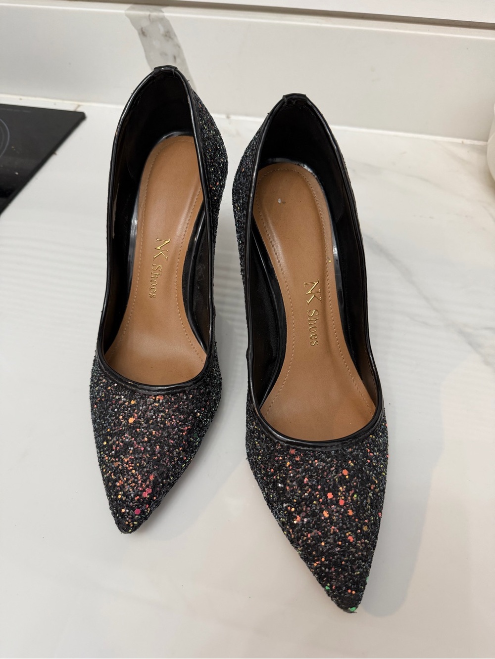 Black Glitter Pointed-Toe Pumps